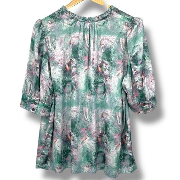 Current Air Watercolor Cuffed Puffed Short Sleeve V Neck Blouse Pink Green XL - Picture 2 of 6